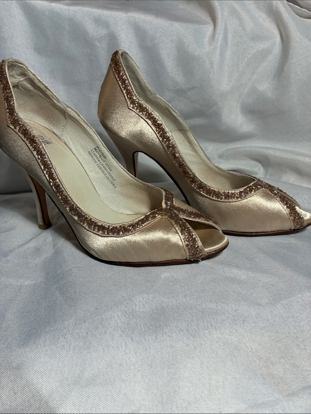 Elegant Champagne Peep-Toe Heels with Beaded Trim